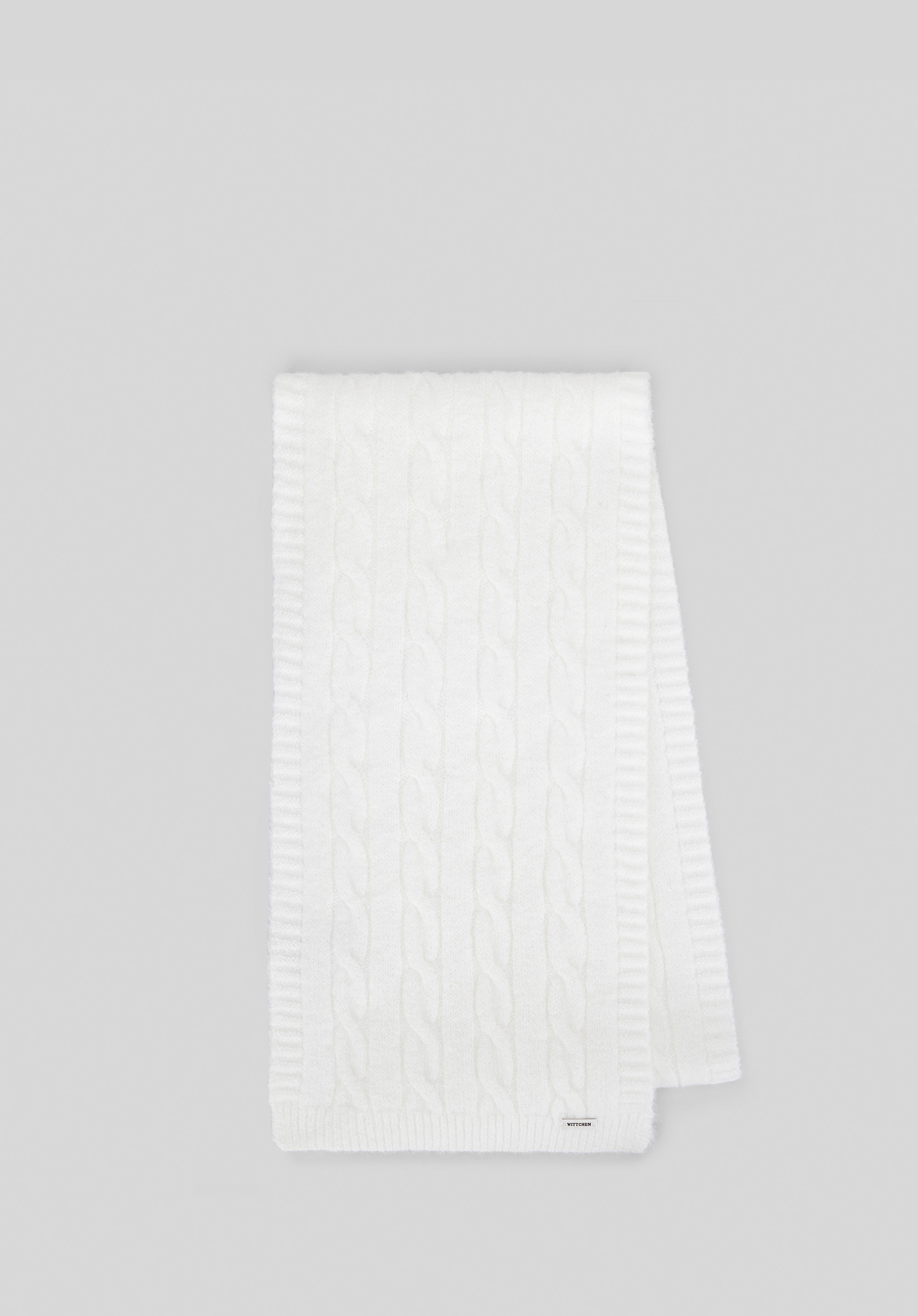 Női téli szett – kábelkötésű sapka pomponnal és sállal, fehér, 101-SF-021-0, Fénykép 1