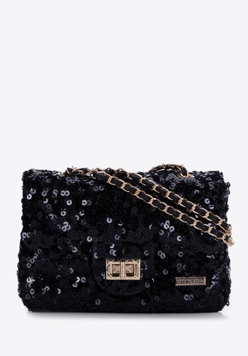 Flitteres női estélyi táska csillogó lánccal, fekete arany, 98-4Y-023-S, Fénykép 1