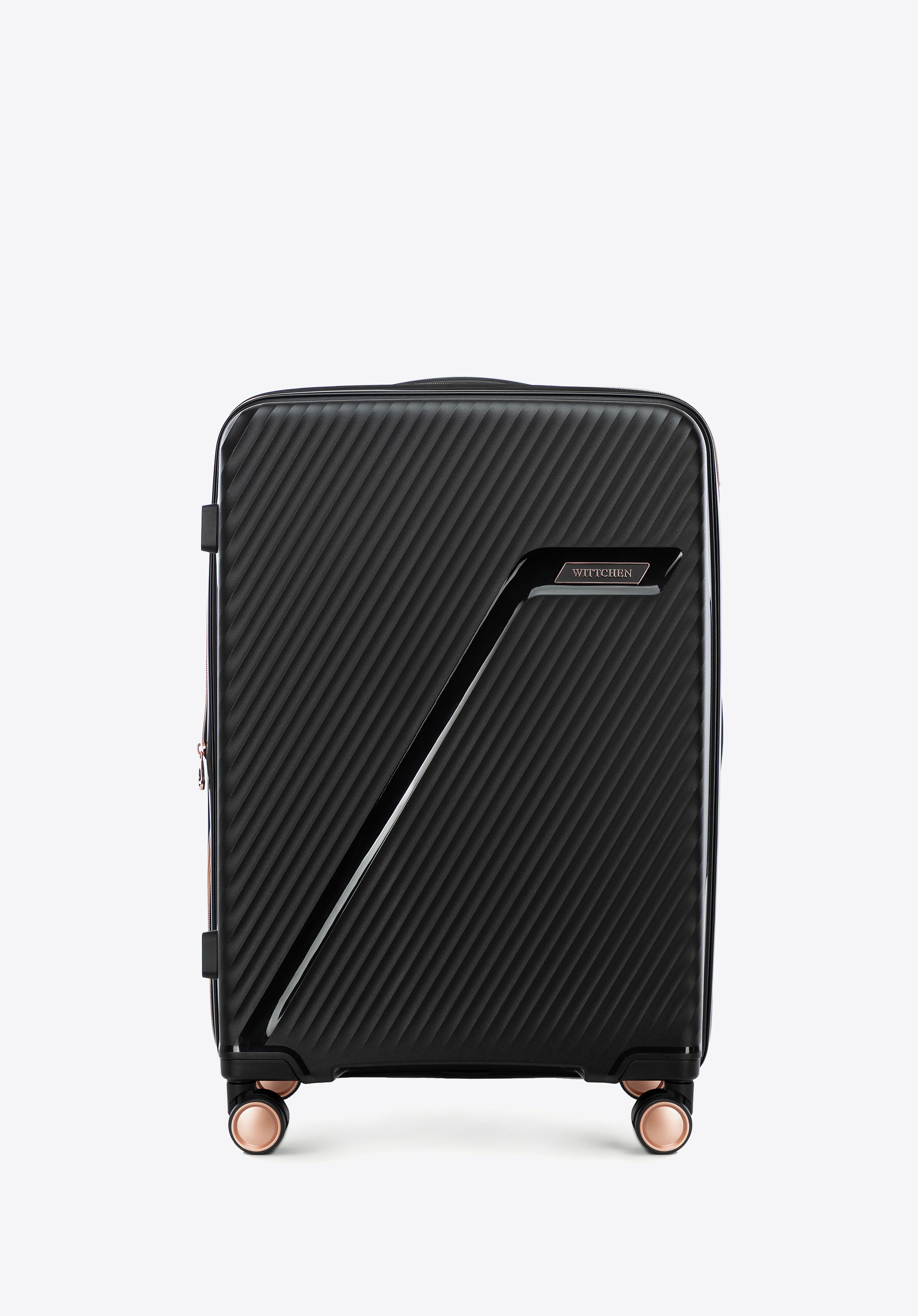 Közepes méretű polipropilén bőrönd átlós csíkokkal, fekete arany, 56-3T-502-01, Fénykép 1