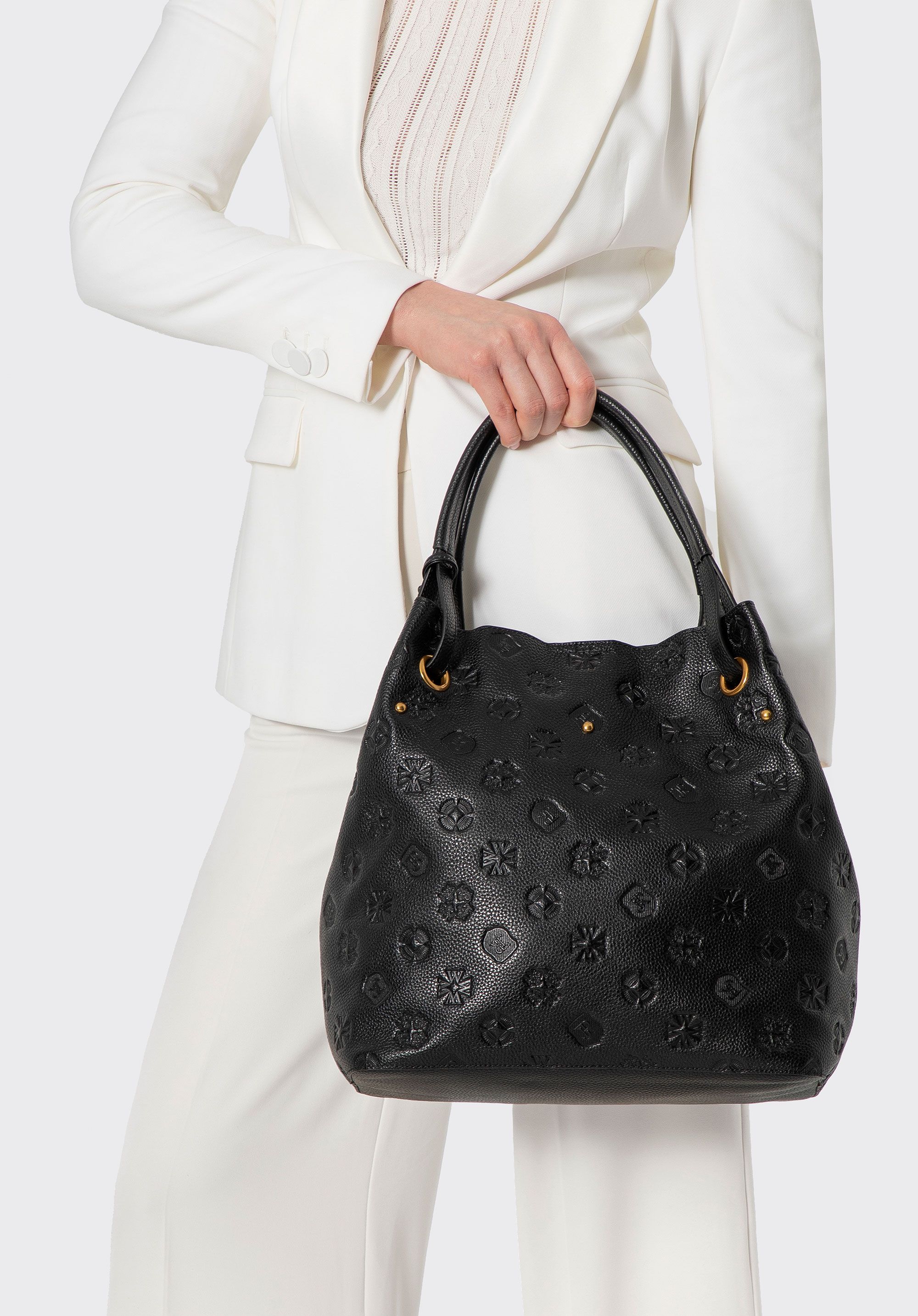 Női bőr hobo táska dombornyomott monogrammal, fekete arany, 100-4E-632-1G, Fénykép 1