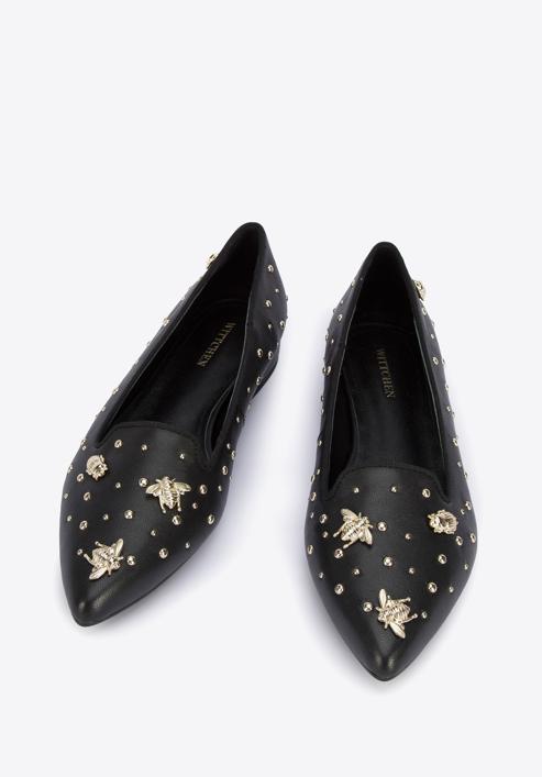 Női bőr topánka bogár formájú ékszerdíszekkel és szegecsekkel, fekete arany, 95-D-505-1G-35, Fénykép 2