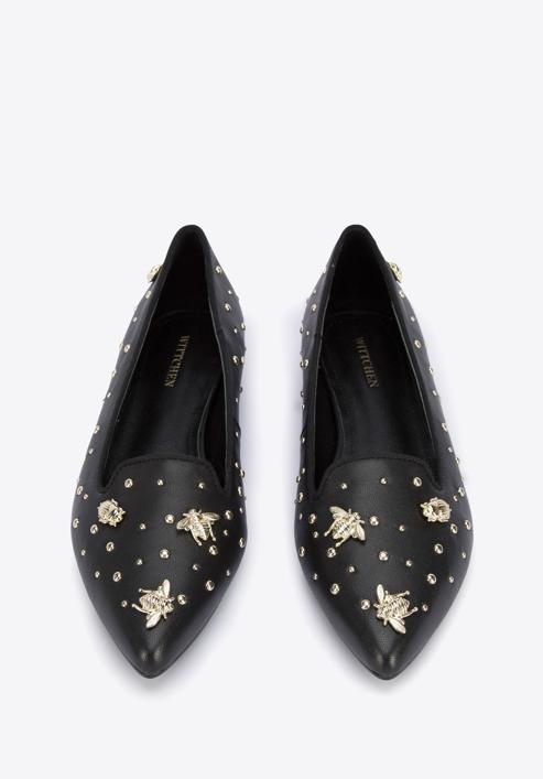 Női bőr topánka bogár formájú ékszerdíszekkel és szegecsekkel, fekete arany, 95-D-505-1G-37, Fénykép 3
