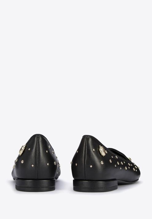 Női bőr topánka bogár formájú ékszerdíszekkel és szegecsekkel, fekete arany, 95-D-505-1G-37, Fénykép 4
