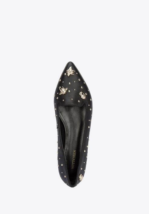 Női bőr topánka bogár formájú ékszerdíszekkel és szegecsekkel, fekete arany, 95-D-505-1S-36, Fénykép 5