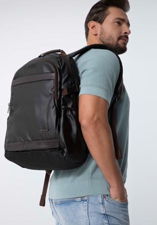 Férfi 15,6"-os laptop hátizsák műbőr díszítéssel, fekete barna, 98-3P-202-4, Fénykép 1