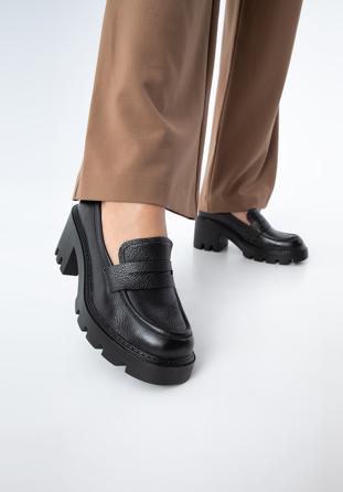 Bőr platform magassarkú cipő, fekete, 97-D-504-1B-40, Fénykép 1