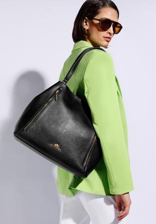 Bőr shopper táska függőleges cipzárakkal, fekete, 96-4E-625-1, Fénykép 1