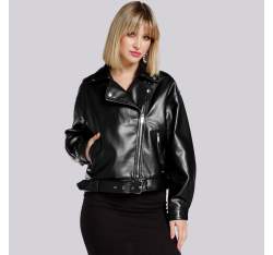 Nagyméretű női motoros kabát övvel, fekete ezüst, 94-9P-100-1S-M, Fénykép 1