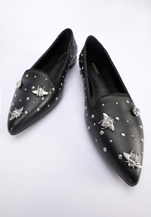 Női bőr topánka bogár formájú ékszerdíszekkel és szegecsekkel, fekete ezüst, 95-D-505-1S-35, Fénykép 7