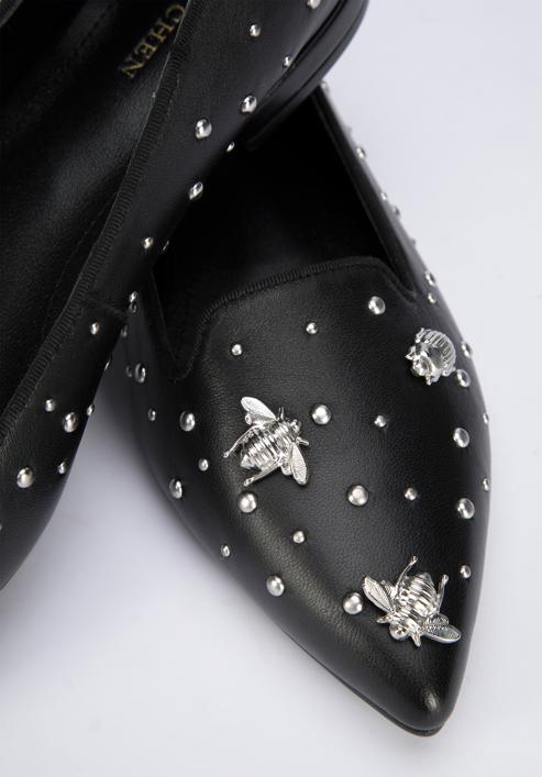 Női bőr topánka bogár formájú ékszerdíszekkel és szegecsekkel, fekete ezüst, 95-D-505-1S-35, Fénykép 8