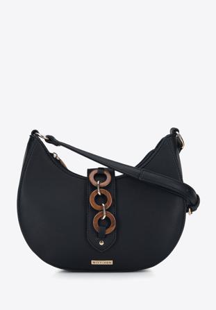 Félhold alakú női táska karikadíszekkel, fekete, 95-4Y-419-1, Fénykép 1
