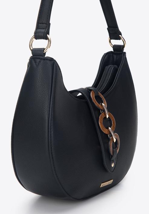 Félhold alakú női táska karikadíszekkel, fekete, 95-4Y-419-1, Fénykép 4