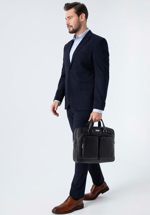 Férfi 15.6"-os bőr laptop táska domború zsebekkel, fekete, 98-3U-903-Z, Fénykép 15