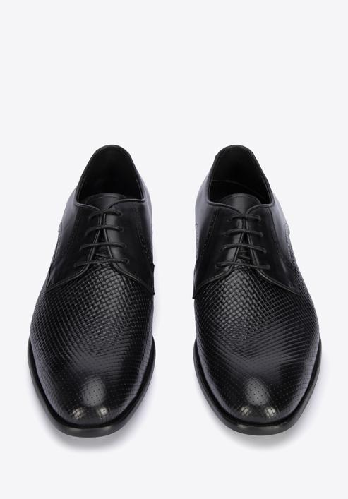 Férfi bőr derby cipő fonott mintás orrall, fekete, 95-M-505-4-42, Fénykép 3