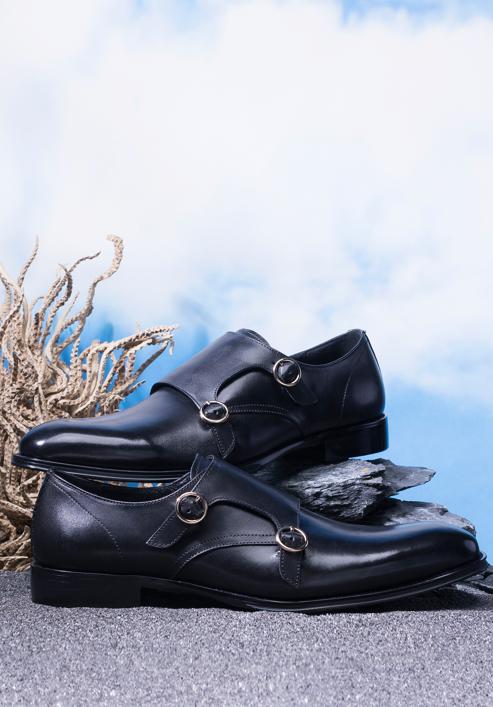Férfi dupla monk szabású bőrcipő kerek csatokkal, fekete, 98-M-712-1-45, Fénykép 30