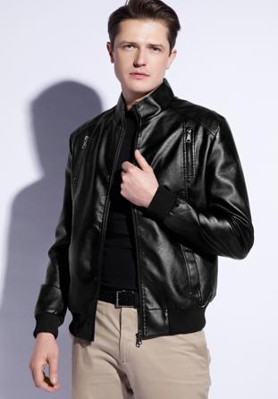 Férfi ökobőr kabát bordázott szegéllyel, fekete, 96-9P-152-1-XL, Fénykép 1