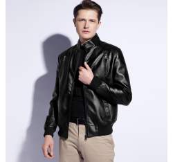 Férfi ökobőr kabát bordázott szegéllyel, fekete, 96-9P-152-1-XL, Fénykép 1