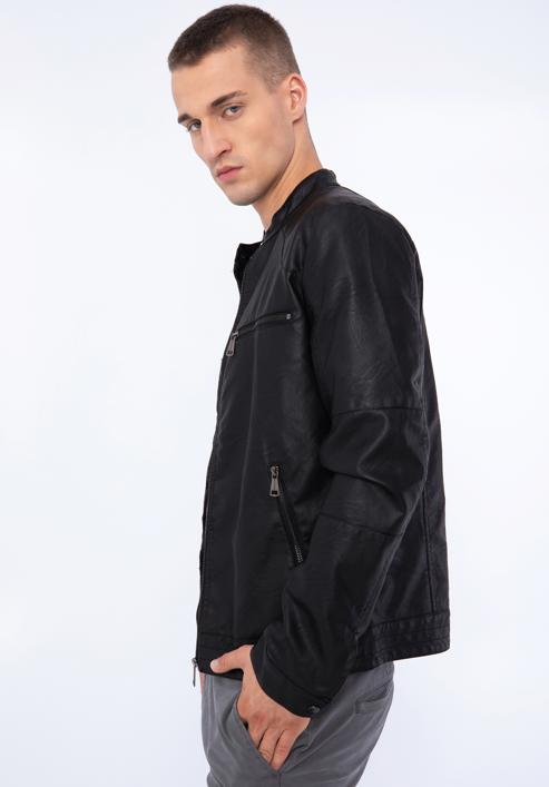 Férfi műbőr kabát rövid állógallérral, fekete, 97-9P-151-1-L, Fénykép 17