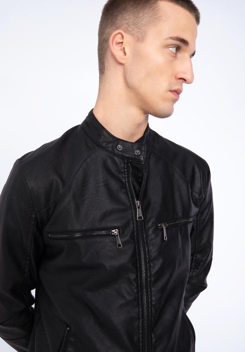 Férfi műbőr kabát rövid állógallérral, fekete, 97-9P-151-1-L, Fénykép 19