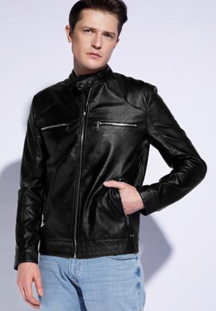 Férfi ökobőr kabát állógallérral egyenes, fekete, 96-9P-150-1-XL, Fénykép 1