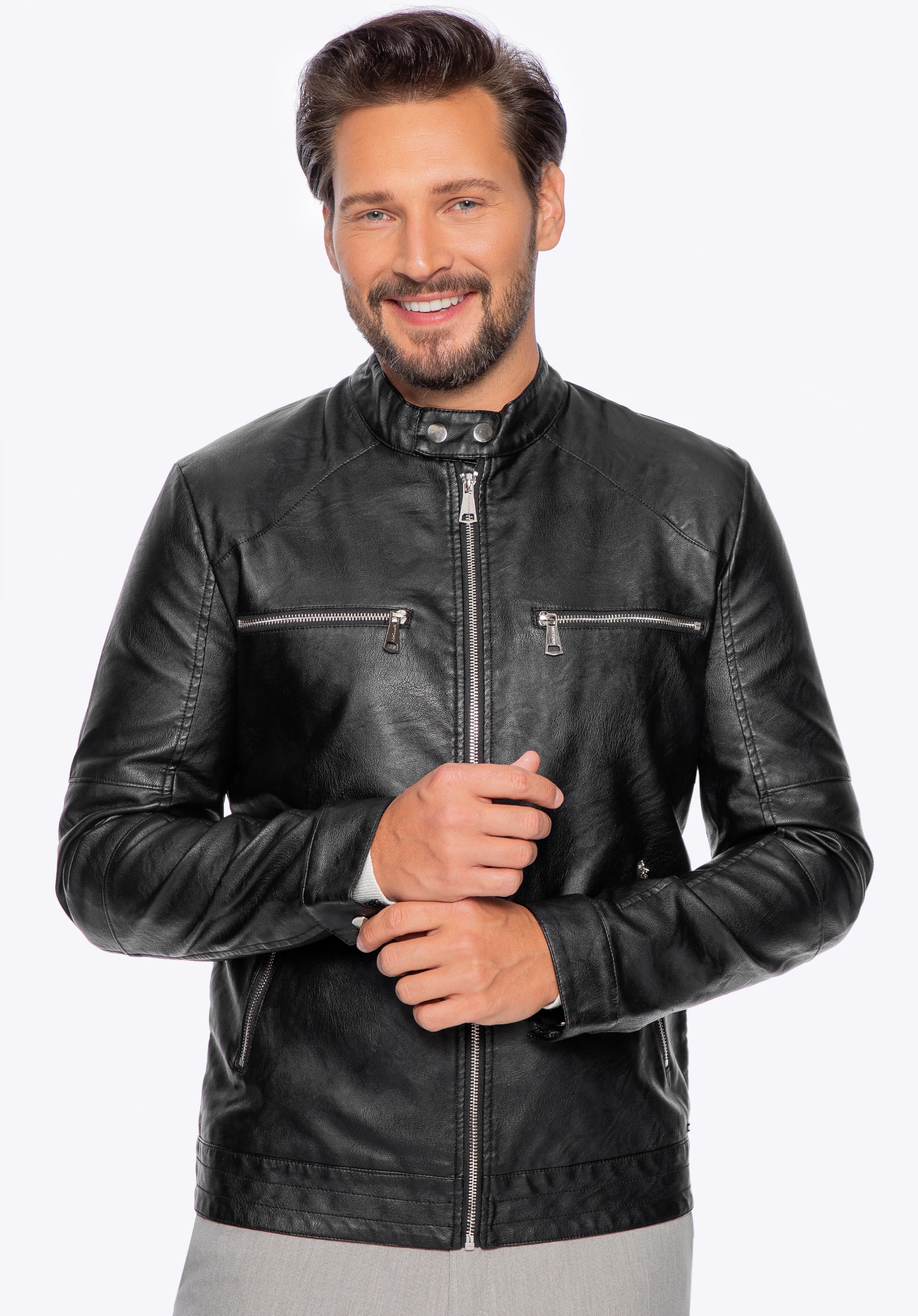 Férfi ökobőr kabát állógallérral egyenes, fekete, 96-9P-150-1-XL, Fénykép 1