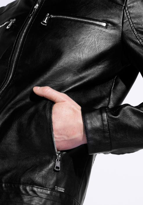Férfi ökobőr kabát állógallérral egyenes, fekete, 96-9P-150-1-2XL, Fénykép 5