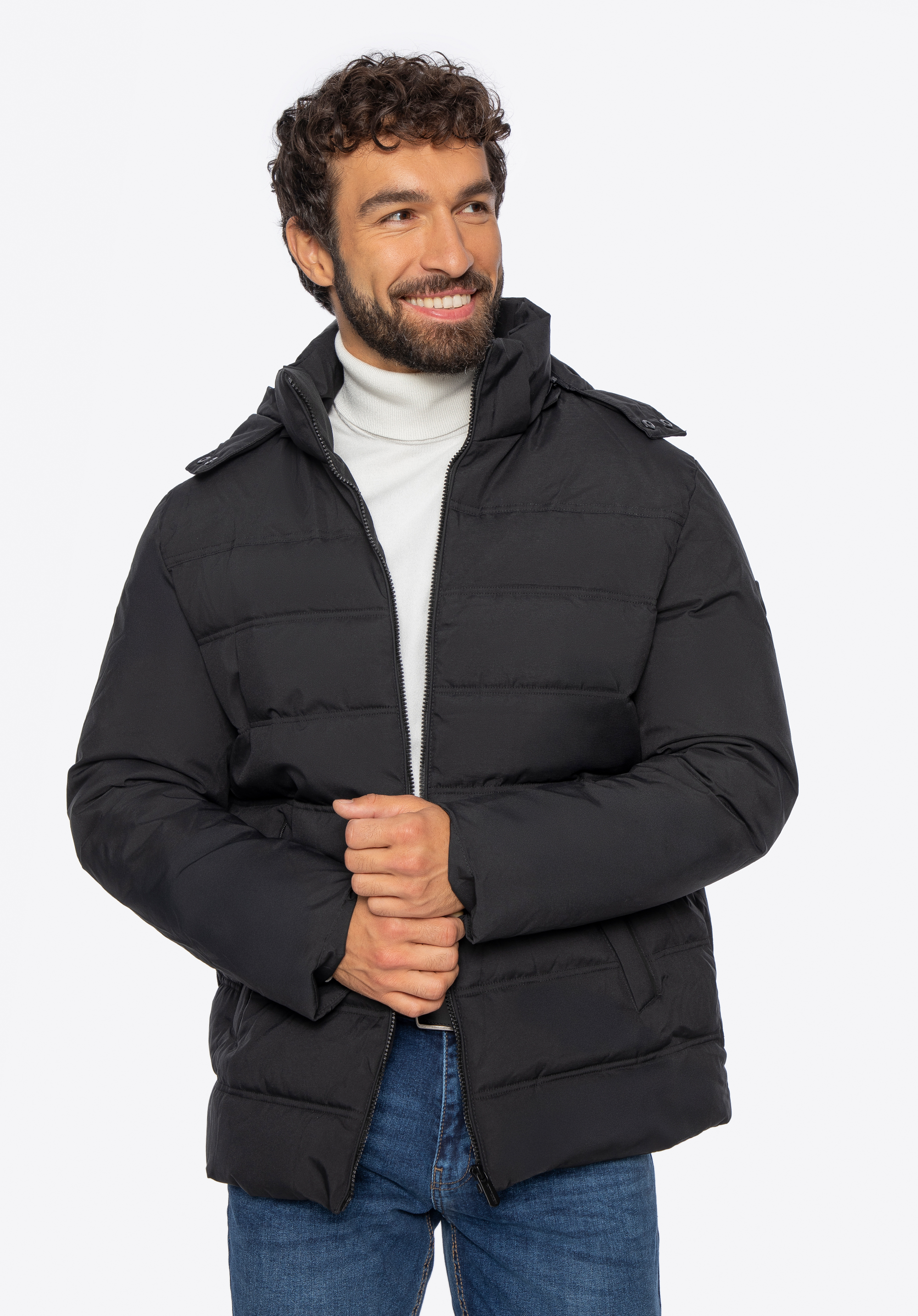 Férfi steppelt kabát kapucnival, fekete, 101-9D-350-1-XL, Fénykép 1