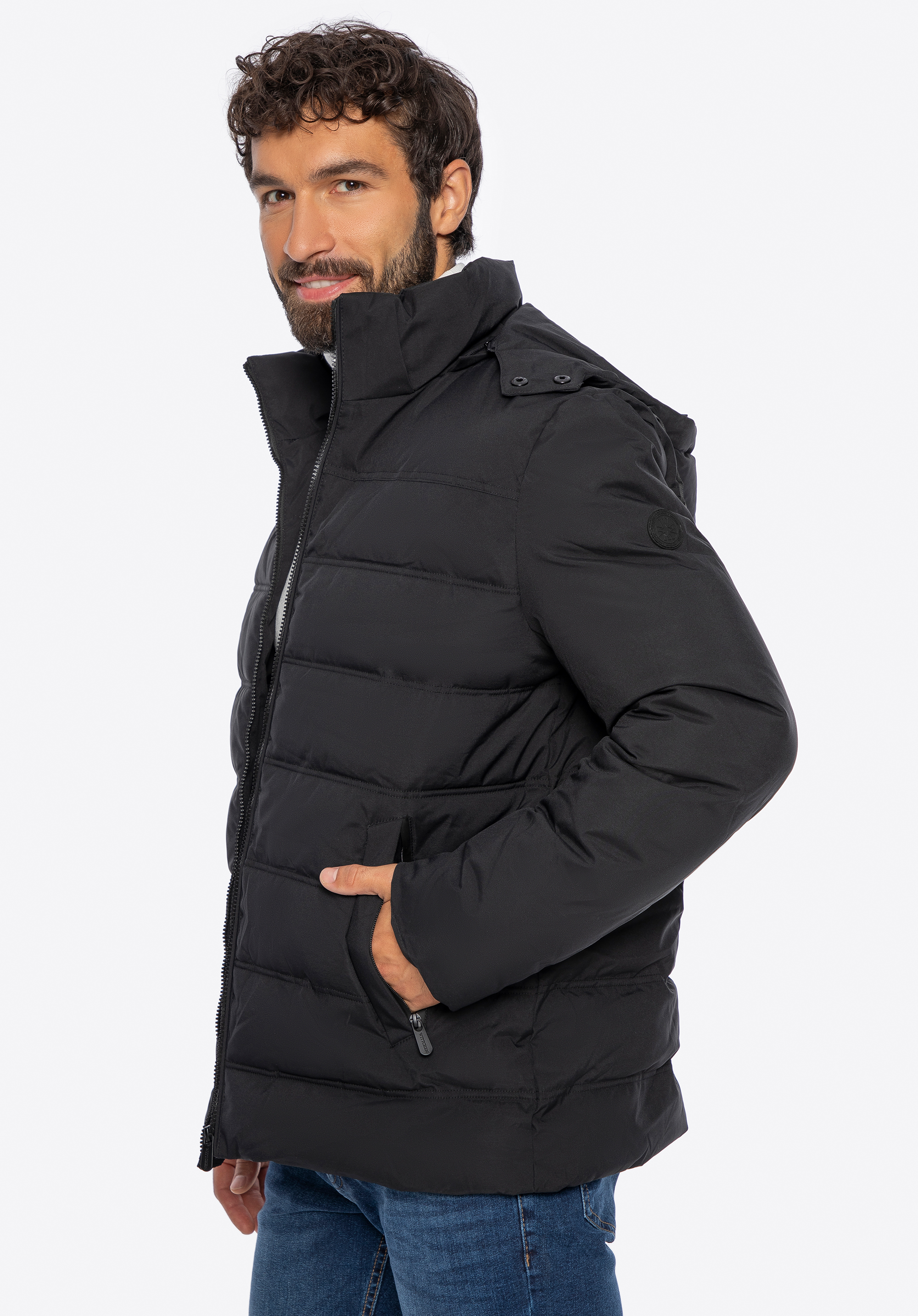 Férfi steppelt kabát kapucnival, fekete, 101-9D-350-1-XL, Fénykép 1