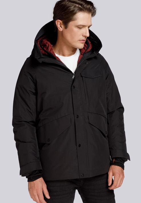 Férfi téli kabát dupla kapucnival, fekete, 93-9D-453-1-L, Fénykép 2
