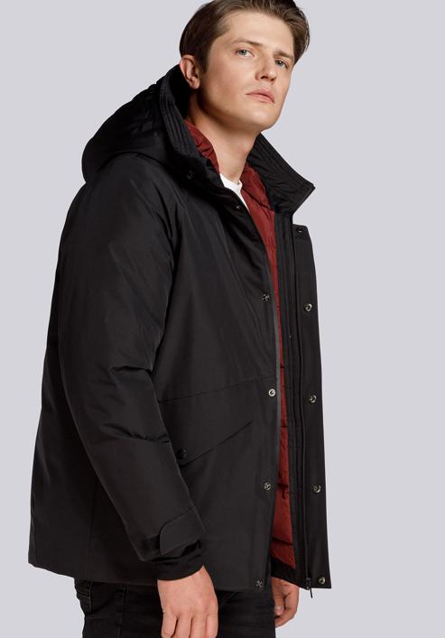 Férfi téli kabát dupla kapucnival, fekete, 93-9D-453-1-L, Fénykép 3