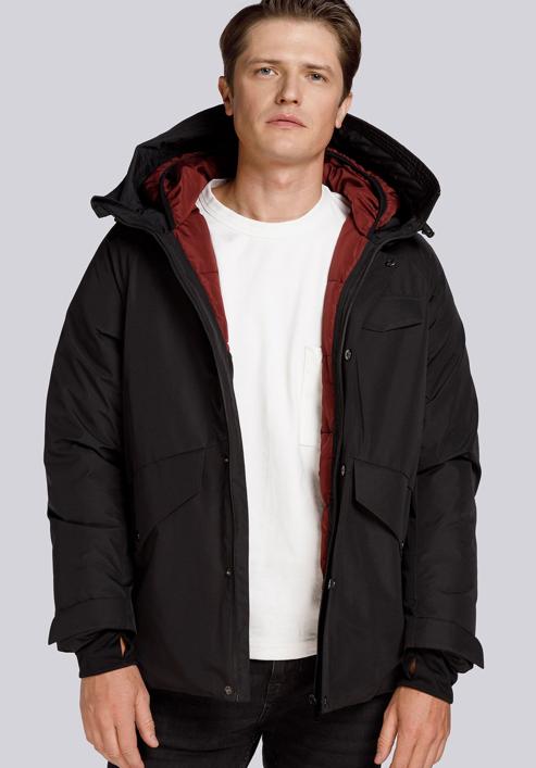 Férfi téli kabát dupla kapucnival, fekete, 93-9D-453-1-L, Fénykép 4
