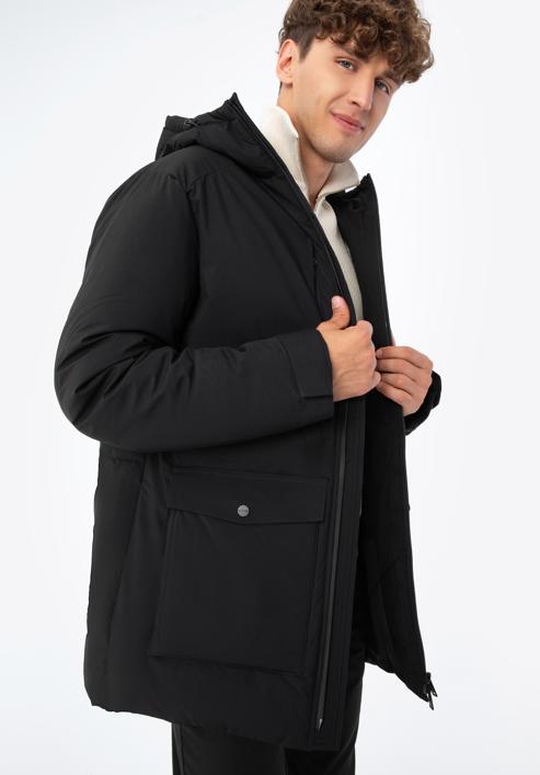 Férfi téli kabát zsebekkel, fekete, 93-9D-452-1-L, Fénykép 2