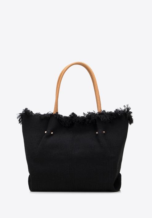 Fonott szabású shopper táska nagyméretű bojtokkal, fekete, 98-4Y-400-0, Fénykép 2