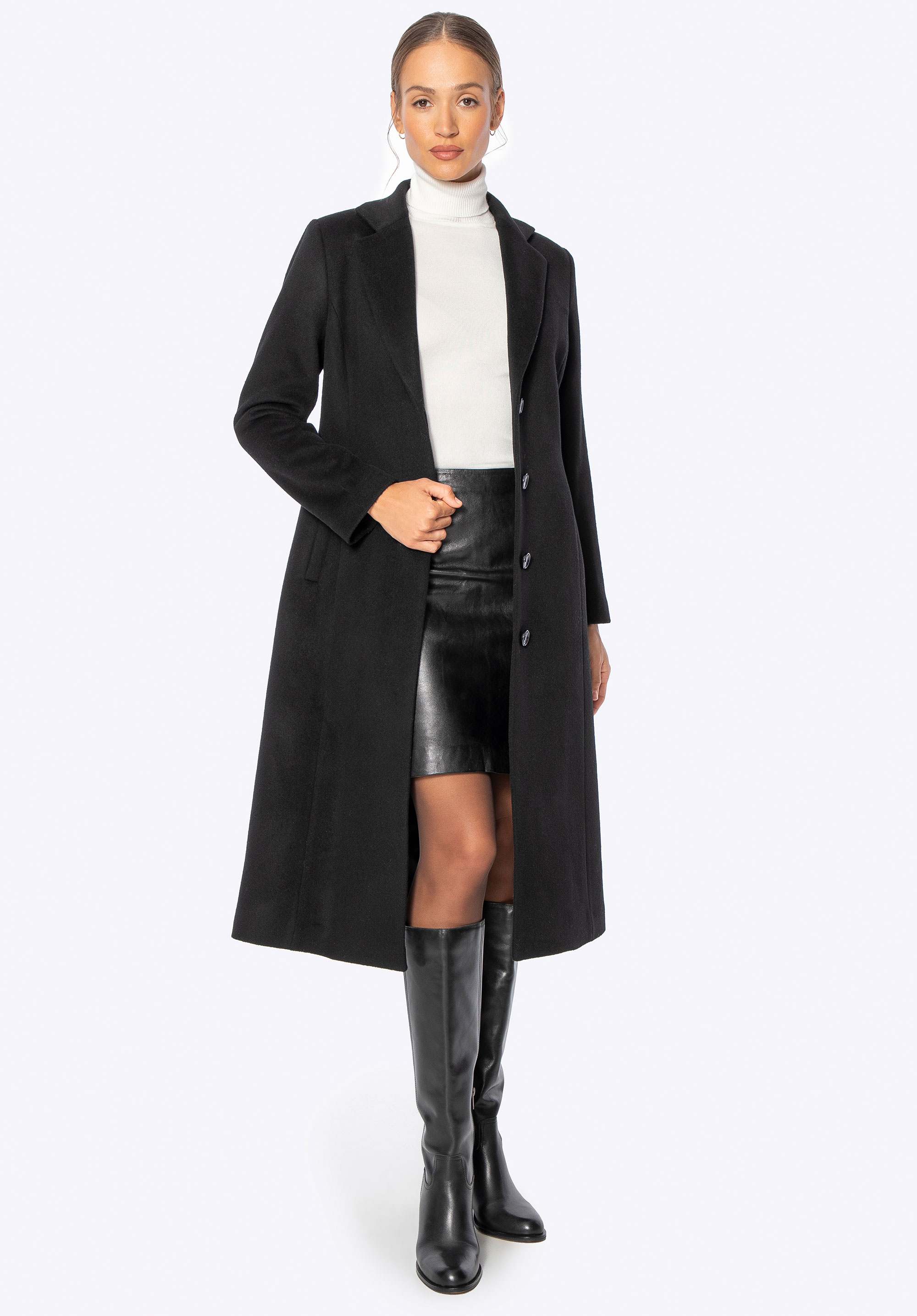 Kasmír keverékű gyapjú kabát, fekete, 101-9W-700-1-XL, Fénykép 1