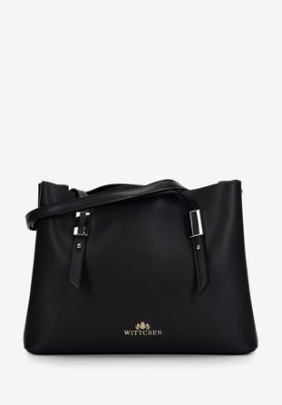Háromrekeszes bőr shopper táska vékony fogantyúval, fekete, 97-4E-617-1, Fénykép 1
