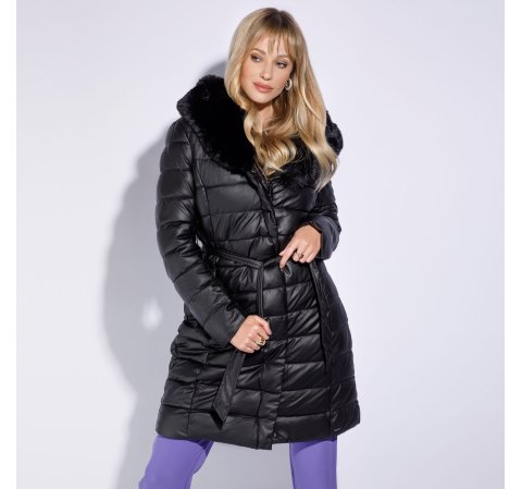 Hosszú női steppelt ökobőr kabát, fekete, 95-9D-103-1-XL, Fénykép 1