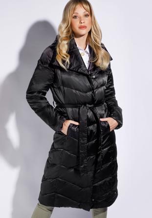 Hosszú női steppelt kabát kapucnival, fekete, 95-9D-401-1-L, Fénykép 1