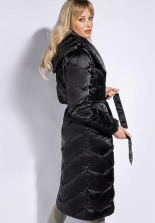 Hosszú női steppelt kabát kapucnival, fekete, 95-9D-401-1-S, Fénykép 1