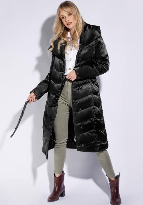 Hosszú női steppelt kabát kapucnival, fekete, 95-9D-401-Z-XL, Fénykép 4
