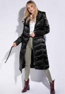 Hosszú női steppelt kabát kapucnival, fekete, 95-9D-401-Z-L, Fénykép 4