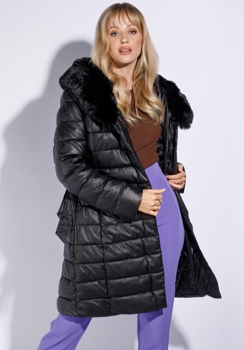 Hosszú női steppelt ökobőr kabát, fekete, 95-9D-103-1-XL, Fénykép 2