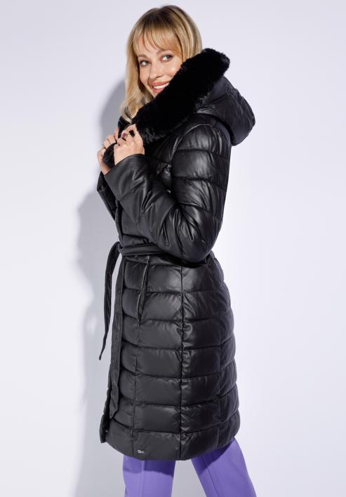Hosszú női steppelt ökobőr kabát, fekete, 95-9D-103-1-XL, Fénykép 3