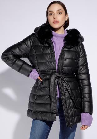 Hosszú, steppelt női ökobőr kabát derékövvel, fekete, 95-9D-102-1-3XL, Fénykép 1