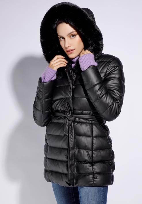 Hosszú, steppelt női ökobőr kabát derékövvel, fekete, 95-9D-102-1-L, Fénykép 3