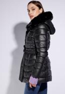 Hosszú, steppelt női ökobőr kabát derékövvel, fekete, 95-9D-102-1-3XL, Fénykép 4