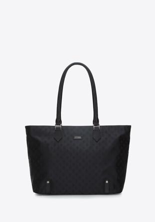 Jacquard shopper táska bőr pántokkal, fekete, 95-4-908-1, Fénykép 1