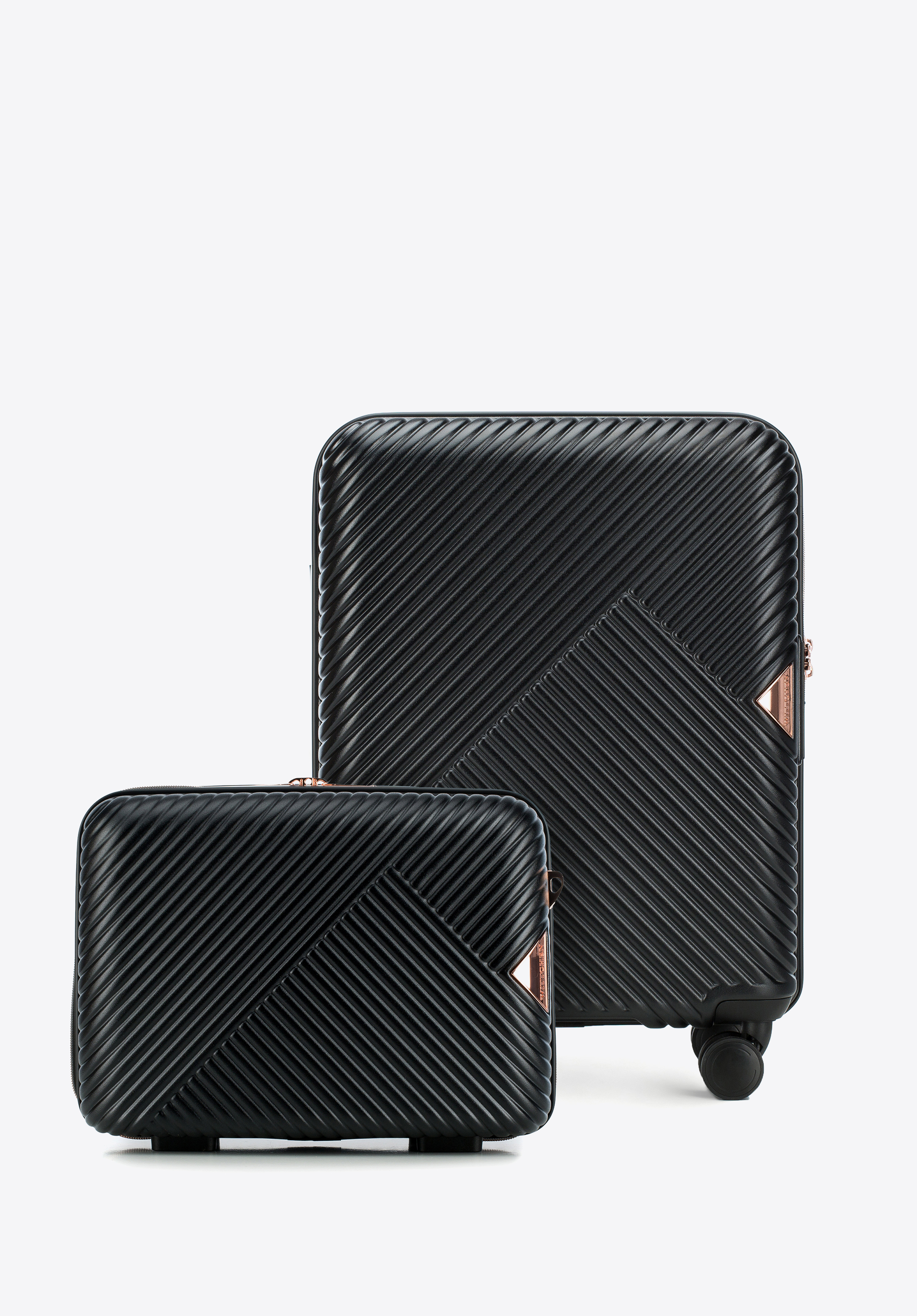 Kabinbőrönd és polikarbonát kozmetikai táska csíkokkal, fekete, 56-3P-841-77K, Fénykép 1