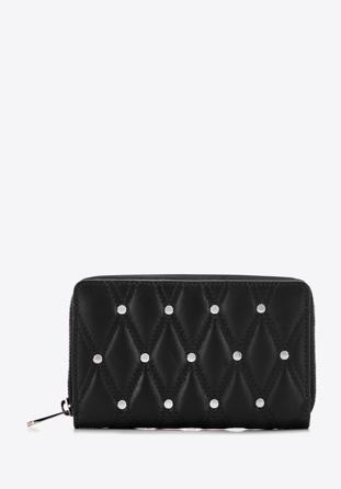 Közepes méretű dekoratív szegecsekkel díszített steppelt női steppelt bőr pénztárca, fekete, 14-1-938-1, Fénykép 1