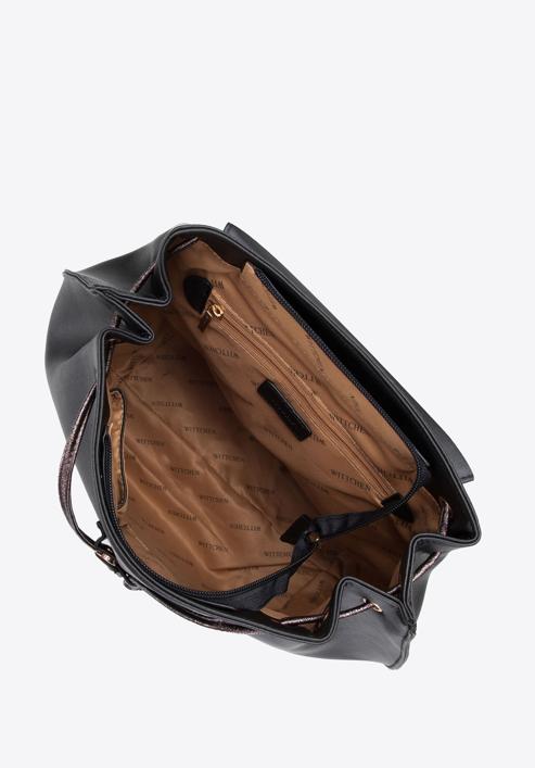 Közepes méretű női ökobőr táska fémes fényű csíkos fedéllel, fekete, 95-4Y-404-44, Fénykép 3