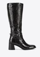 Krokodilbőr textúrájú női lakkbőr magassarkú csizma, fekete, 95-D-508-1-35, Fénykép 1